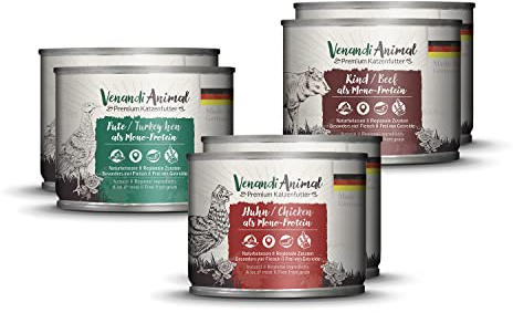Venandi Animal - Premium Nassfutter für Katzen, Probierpakett I, Huhn, Pute, RInd, 6 x 200 g (6er Pack), getreidefrei und naturbelassen