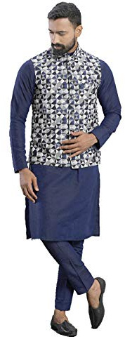 STYLE INSTANT Men's Indian Cotton Kurta Pajama And Printed Nehru Jacket (Waistcoat) Indian Wedding Ethnic Diwali Puja Set Navy Blue