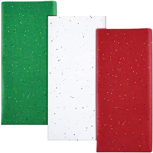 NEBURORA Glitter Tissue Paper for Packaging 50x66cm White Green Red Tissue for Wrapping Bouquet Craft Paper for Christmas Party Supplies 30 Sheets