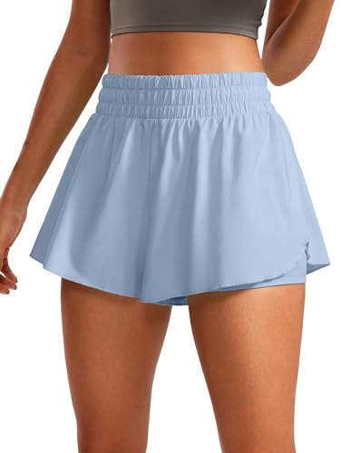 CRZ YOGA Women's 2 in 1 Flowy Running Shorts High Waisted Quick Dry Sport Gym Biker Shorts Athletic Tennis Skirts with Pockets The Breeze Blue 8