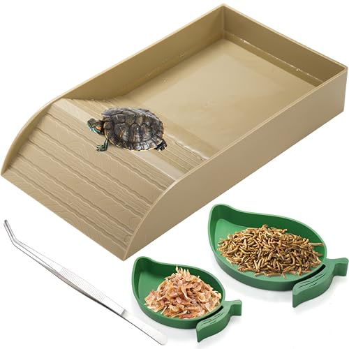Hacaroa 3 Pcs Tortoise Water Dish with Ramp and Basking Platform, Leaf Reptile Food Dish Turtle Water Bowl, Reptile Bathing Pool Amphibians Habitat Accessories for Lizard, Box Turtle, Horned Frog