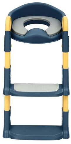CuCummoo Regolabile in altezza per bambini, con cuscino in poliuretano rimovibile, stabile e antiscivolo e maniglia di sicurezza, per bambini, sedile WC con scale (blu)