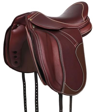 A&M Reitsport Dressur Sattel 1146 aus Leder, wechselbares Kopfeisen, Polyflex Baum, Braun/Beige, Größe:16.5 Zoll