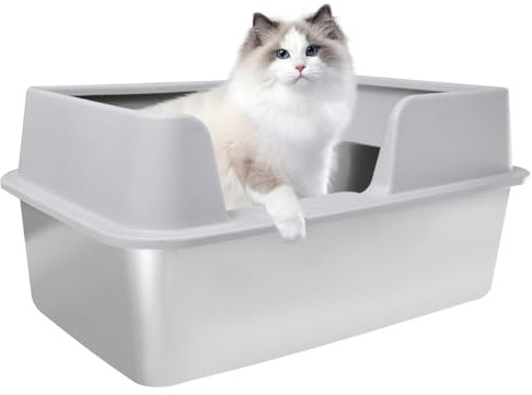 Caja de arena para gatos XXL 50 x 35 x 25 cm, de acero inoxidable, grande, a prueba de fugas y fácil de limpiar, nunca olores, inoxidable (gris claro, 50 x 35 x 25 cm)