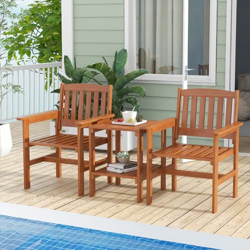 GIANTEX Juego de Muebles de Jardín 3 Piezas, 2 Sillas y 1 Mesa de Centro con Agujero de Sombrilla, Juego de Bistro de Madera, para 2 Personas, Muebles para Balcón, Terraza, Patio