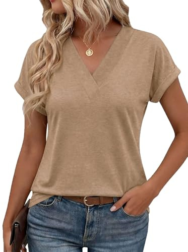 NAIOSS T-Shirt Manches Courtes Eté Chemise à col en V Élégante Blouse Le Travail Business Casual -Couleur Unie (Marron/L)