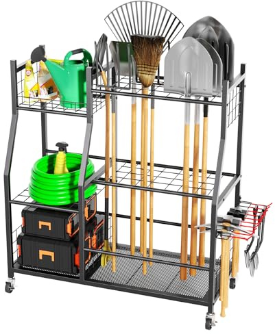 Garden Tool Organizer with Wheels for Garage, Freestanding Garage Tool Organizer, Yard Tool Holder, Garden Tool Cart for Long Handled Tools,Rakes, Brooms, Yard Storage Rack for Shed, Indoor, Outdoor