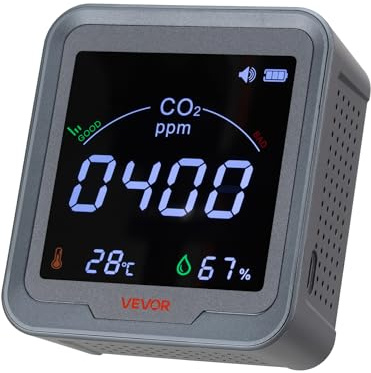 VEVOR Rilevatore di CO2 400-5000 ppm di Anidride Carbonica, Monitor di Qualità d'Aria Display di Temperatura e Umidità, NDIR Sensor da 4,5 m, Portatile, per Camera da Letto,Ufficio