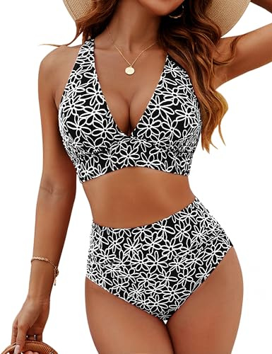 Blooming Jelly Womens 2 Piece High Waisted Bikini Sets V Neck Floral Tummy Control Bathing Suit Ruched Curvy Swim Suits (S, Black)