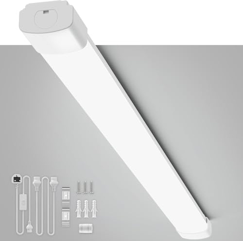 Plug in LED Batten Light 4ft 6500K Daylight 36W 4000LM, IP65 Waterproof, Linkable Plug in Tube Lights for Garage Office Kitchen Workshop Warehouse Shed Loft, Wall or Ceiling Lighting with Switch