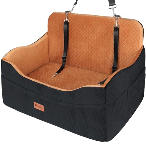 Vivifying Dog Car Seat, Memory Foam Large Back Seat Dog Bed for Medium&Large or Two Small Up to 25KG, Detachable and Washable, 10CM Height Elevated with Storage Pockets (Black&Brown)
