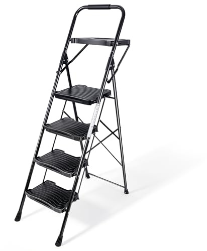 Sekey Stegstege, hopfällbar i 4 steg, med ledstång, halkfri, 150 kg, lastbar, med verktygshylla, hushållsstege