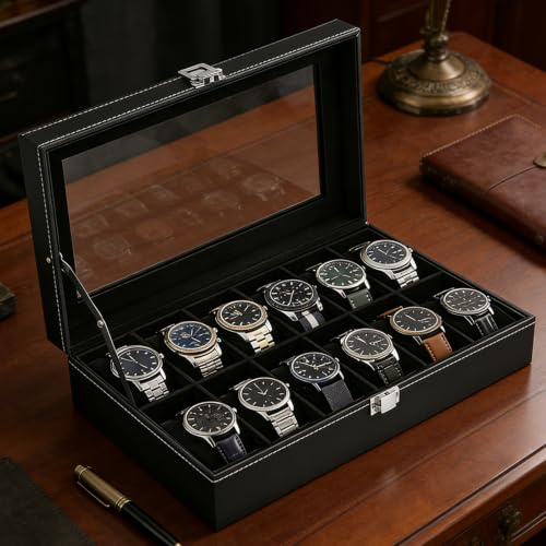 TOSUTO Caja de Relojes,Caja para Relojes,Estuche de Relojes con Tapa de Cristal y Cojín Extraíble,con 12 Ranuras, Idea de Regalo, Caja Relojes Organizador para Hombres y Mujeres