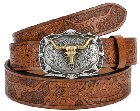 Amexo Western herrbälte, västerländskt läder cowboy spänne bälte för män kvinnor jeans blommig spänne bälte graverat herrbälte brunt läder
