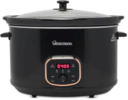 HomeTronix Premium Digital Slow Cooker 8L Large Capacity, Programmable Timer & Delay Start, 3 Heat Settings High, Low Keep Warm, Removable Ceramic Bowl, Glass Lid, Steam Grill for Family Black