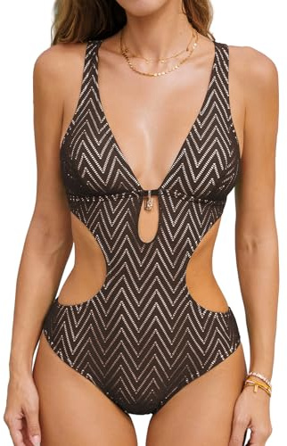 CUPSHE Women's One Piece Swimsuit Monokini Plunging Neck Cutout Bathing Suit Halter Ties Adjustable Straps Swimwear Brown/Stripe M