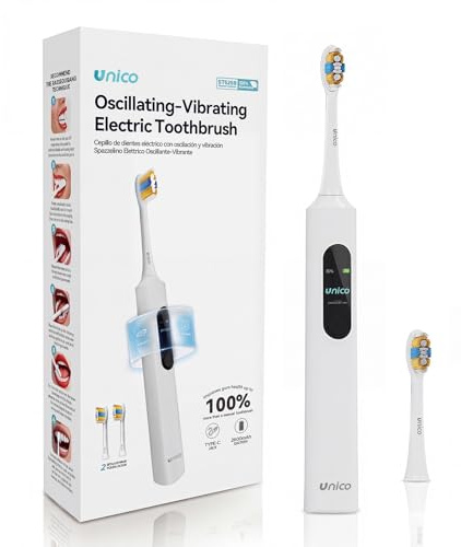 Unico Cepillo de Dientes Eléctrico Sónico para Adultos con Pantalla, 5 Modos, IPX7 Impermeable, Recargable, Negro