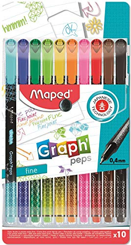 Maped 749050 Graph'Peps Filzstifte, feine Spitze, 0,4 mm, widerstandsfähige Spitze, Schreibkomfort – Etui mit 10 Farben