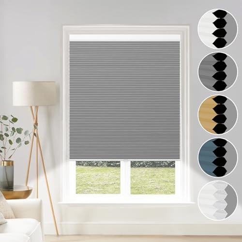 Verdunkelungsrollo, schnurlos, Zellstoff, Wabenmuster, für Tür, Fenster, grau-weiß, 61 x 91,4 cm