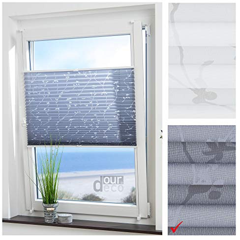 ourdeco® Plissee mit Blumenmotiv; 40x130 B x H in cm; Farbe: grau bedrucktes Blumenmotiv Ranke; lichtdurchlässig, Blickdicht; Klemmen, Montage ohne Bohren, Klemmfix-Plissee, Easy-to-fix
