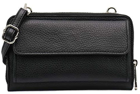 SH Leder Damen Handytasche Umhängetasche Geldbörse Multifunktion Beutel aus Echtleder Verstellbar Schultergurt Handy bis 6,8 Zoll 11,50x19cm Vera G368 (Schwarz)