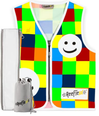 REEFLEXX Coole Kinder Warnweste inkl. Größen-Adapter, reflektierende Weste, kinderwarnweste 3-6 Jahre, Square Mix Smiley - Größe M