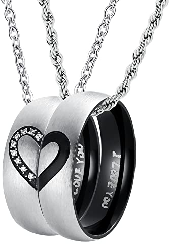 ANAZOZ Paar Ketten Für Sie Und Ihn, Partnerringe Schwarz Puzzle Herz Mit Gravur I Love You, Paar Halskette Edelstahl