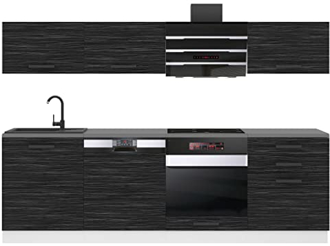 Belini Küchenzeile Küchenblock Linda - Küchenmöbel 240 cm Einbauküche Vollausstattung ohne Elektrogeräten mit Hängeschränke und Unterschränke, ohne Arbeitsplatten, Königliches Ebenholz