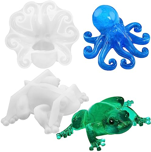 2 Stück Oktopus-Frosch-Harz-Formen, FineGood 3D-Tiere, Epoxidharz-Formen, DIY-Silikonharz-Gießformen für Heimdekoration, Desktop-Ornament