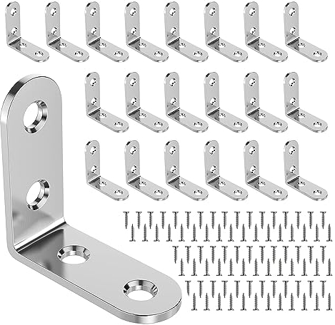 Pack of 26 Angle Connectors, Angle Brackets, Stainless Steel, L Shape Stainless Steel Angle Metal Brackets, Wooden Connectors, Ideal for Reinforcing Right Angle Connections such as Bookshelves, Chair