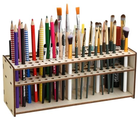 Cozlly Soporte de madera para brochas de pintura, soporte de madera para brochas de maquillaje, soporte para brochas de pintura, organizador de pinceles con 67 agujeros