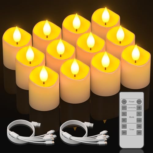 Ymenow LED Teelichter Wiederaufladbar mit Timer, 12 Stück Elektrische Flackernde Flamme LED Kerzen Aufladbar mit Timerfunktion Fernbedienung für Wohnzimmer Zimmer Halloween Weihnachten Deko