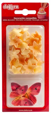 dekora - Blister di Decorazioni in Cialda Commestibile con Mini Fiori Gialli e Farfalle Rosse - 39 pezzi per Abbellire Cupcake e Torte ad Ogni Evento