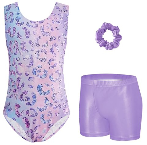 Zaclotre Gymnastics Leotards for Girls Sparkly Sleeveless Dance Unitards Biketards with Gym Shorts