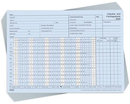 RNKVERLAG Urlaubs- und Fehltagekarte 2025, tabellarische Darstellung, im DIN A5 querformat aus Karteikarton, 10 Stück