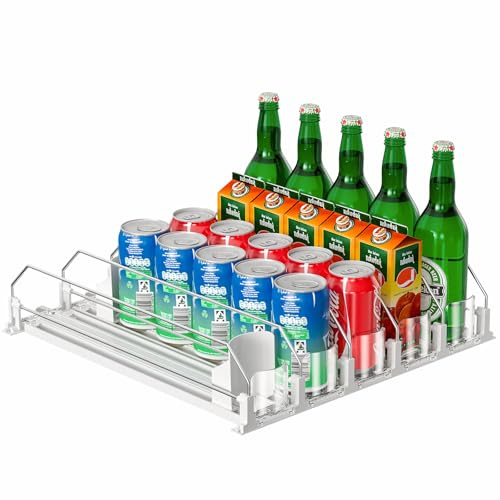 KUUKIKV Upgraded Drink Organizer for Fridge, Space-Saving Fridge Drink Organizer, Automatic Pusher Glide and Adjustable Width Drink Dispenser for Fridge - Holds Up to 25 Cans (5 Rows White)