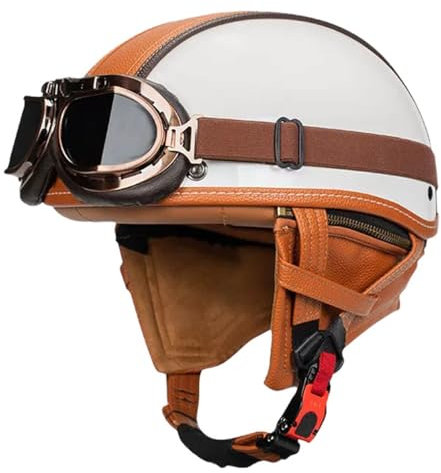 Vintage Motorradhelm Open Face Leder-Helm Winddichter Motorrad Roller Helm Mit Brille Jethelm Straßenhelm Für Damen Und Herren ECEDOT Zertifizierung Halbschalenhelm 1,S:55-56CM