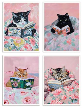 Dazzlewall 4Pcs Funny Cat Reading Book Wall Art Posters, Vintage Cat Aesthetic for Bedroom Room Decor 8x10 in
