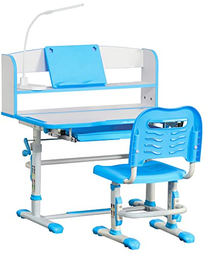HOMCOM Set Scrivania e Sedia per Bambini 6-12 Anni Regolabili in Altezza, Banco Scuola con Piano Inclinabile 45°, Lampada, Cassetto, Scaffale, Portapenne e Leggio, in Acciaio e MDF, Azzurro
