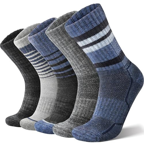 ANTSANG Calzini Unisex in Lana Merino per Donna Uomo Trekking Camminate Termici Caldi Spessi per Inverno con Taglio Alto 5 Paia(Blu/Nero,36-42)