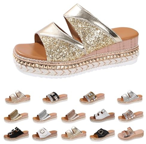 5.5 Womens Glitter Wedge Sandals Ladies Wide Fit Open Toe Mules Slide Sandals Sequin Sliders Slippers Platform Summer Dressy Shoes Sandal Sparkly Slip On Thick Cushion Sandles Gift 001_Gold