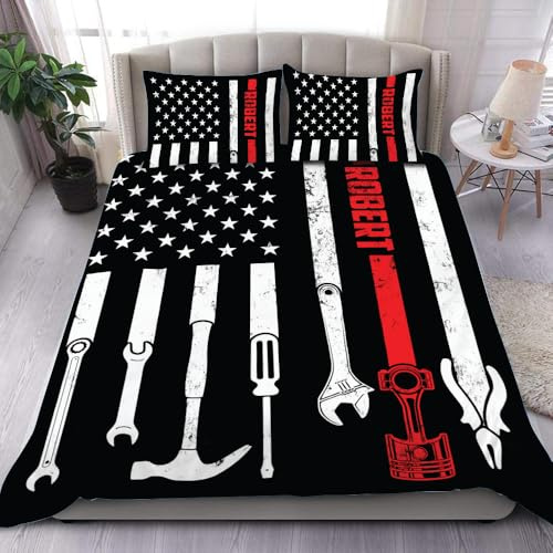 Personalized Mechanic Bedding Set – Tool Kit Blanket Comforter Set, Custom Name Wrenches Bedspread Comforter, Hourly Rate Duvet Cover Gifts for Car Repair Workers, Garage Lovers, Dads (Style #2)