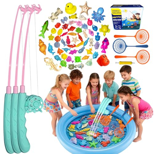58PCS With Pool Kids Fishing Toy Set with Inflatable Pool, Magnetic Fish Toys, 3 Rods & Nets, Water Bath Toys, Educational Sensory Games for Boys Girls Age 3-12, Stocking Fillers
