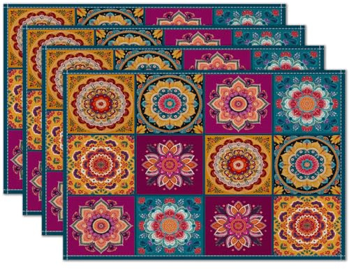 HOMETITUTE Placemats Set of 4 Linen 12x18 Washable Mandala Bohemian Christmas