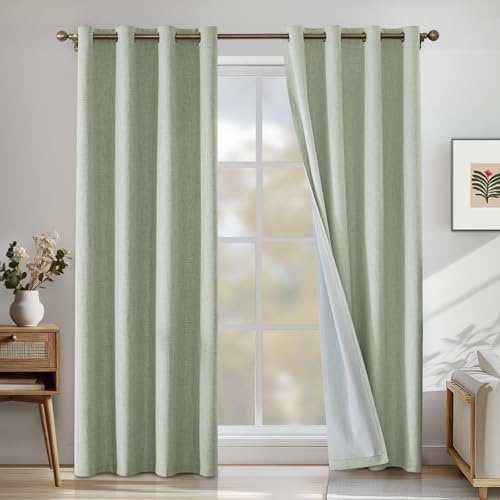 CYCMACO 100% Mörkläggningsgardiner 2 Stycken, 140x225cm, Linneeffekt, Värmeisolerade Interiörgardiner Med Ringar, Ljudabsorberande, Sovrumsgardin, För Vardagsrum, Ljusgrön