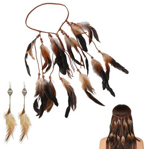 CZAYEFNH Attrape-rêves Tribal avec Bandeau en Plumes, 1 Paire de Boucles d'oreilles Plumes, 35 cm, Noir et Blanc, Accessoires bohèmes pour fêtes, cérémonies et événements