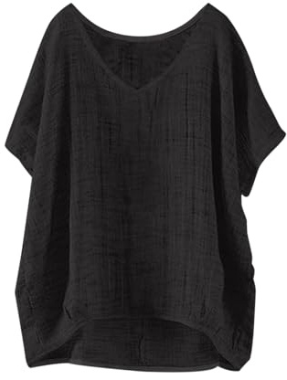 Angxiwan Linen Shirt Women Short Sleeve Linen Tops for Women UK Plus Size Short Sleeve T-Shirts Lightweight Loose Fit Boho Blouse Dressy Flowy Hem Tunic Tops Bohemian Long Blouses for UK B Black