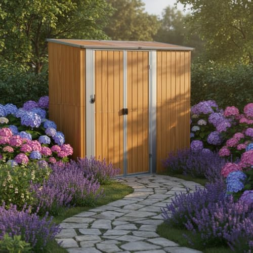 Casetta da giardino 180,5x97x209,5 cm, in acciaio zincato effetto legno, casetta per attrezzi con porta chiudibile a chiave, casetta da giardino in metallo con pavimento per attrezzi e attrezzature