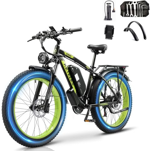 QIKAITU Electric Bike, 48V 20AH E bike with Phone Holder, 26x4 Electric Bikes for Adults, 85N.M 250W Ebike, 80KM Range, 21-Speed, Hydraulic Disc Brakes, Electric Mountain Bike (Green)