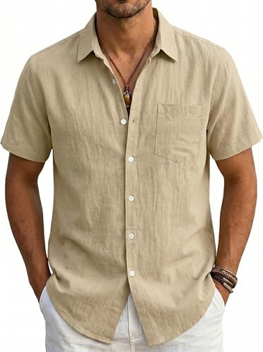 Muwodkdn Chemise Lin Homme Été à Manches Courtes avec Poche Poitrine | Chemisette Homme Casual Leger Boutonnée Couleur Unie Chemisier Décontractée Chemises Homme pour Plage